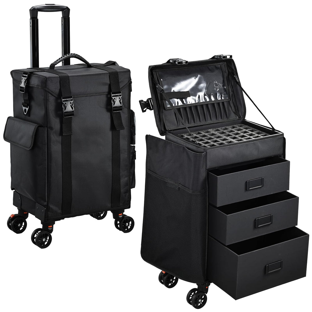 Stagiant coffret maquillage roulant 4-en-1 noir, transport facile et rangement élégant.