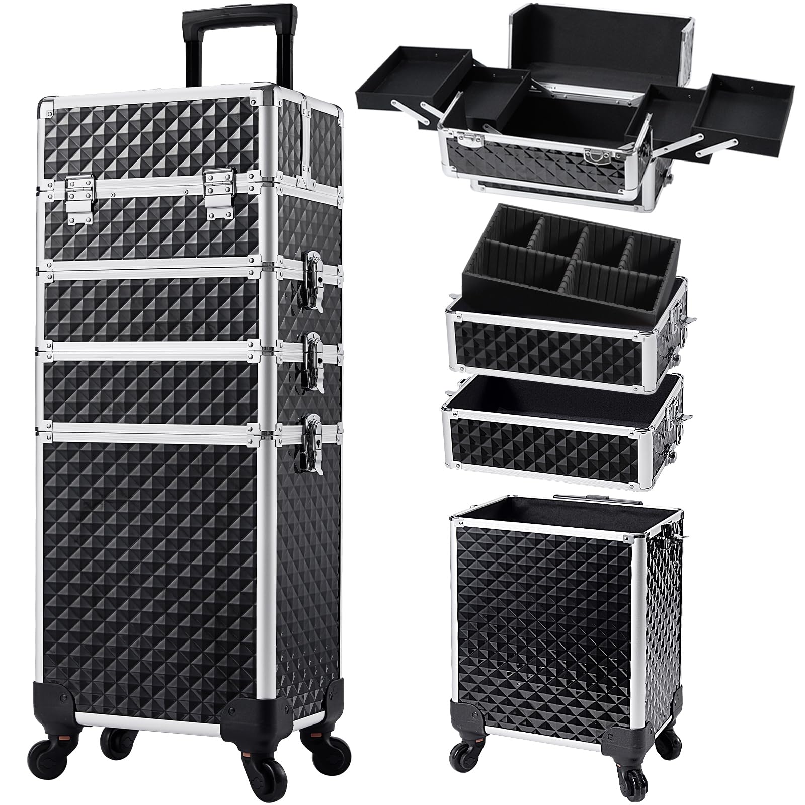 Stagiant valise-maquillage 4 en 1 avec roulettes 360 pour déplacements faciles.