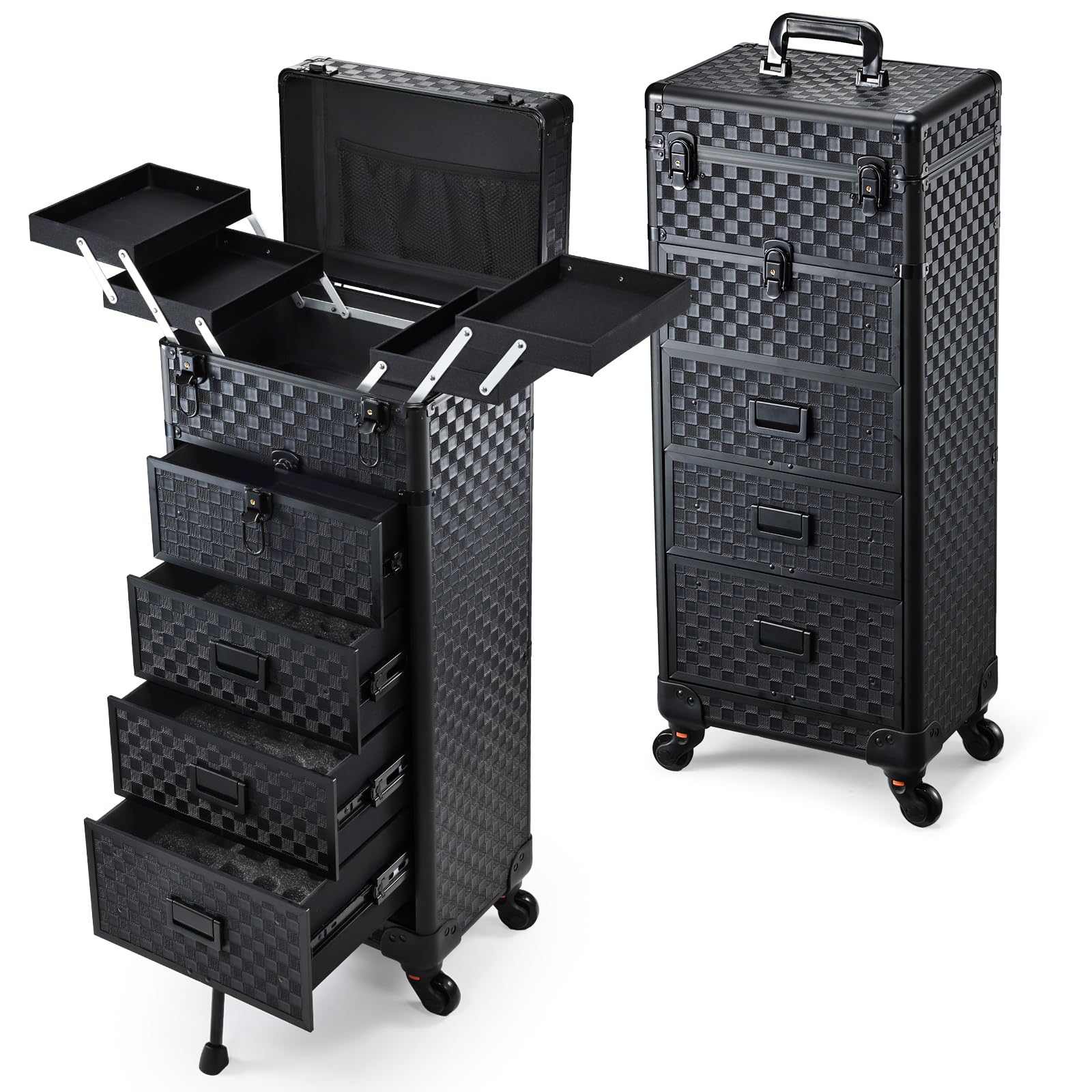 Stagiant valise maquillage roulante avec extérieur damier noir, allure pro et durabilité assurée.