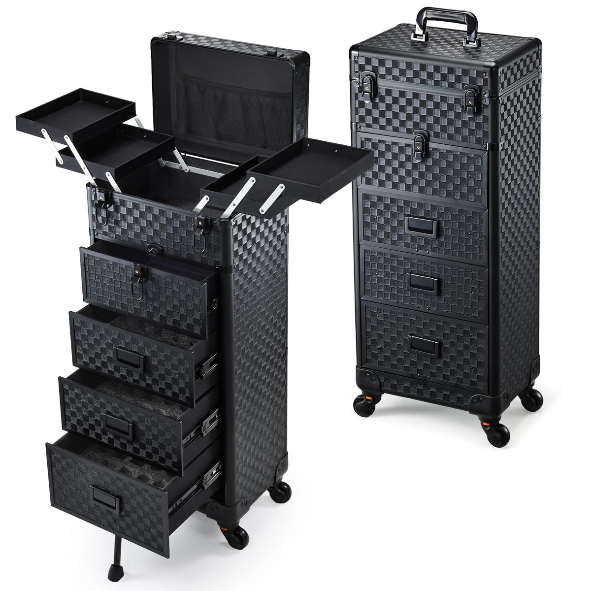 Stagiant valise maquillage roulante avec extérieur damier noir, allure pro et durabilité assurée.