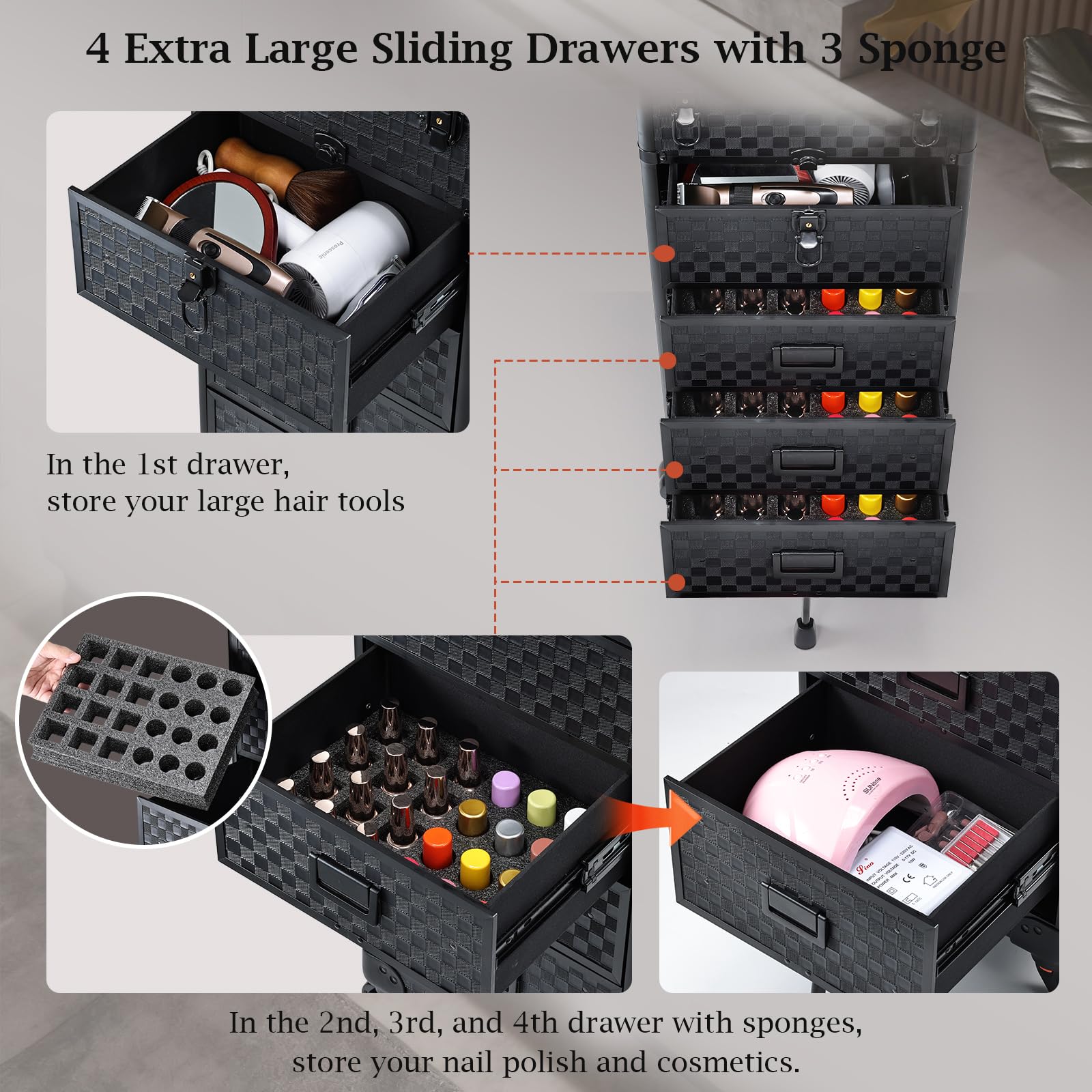 Stagiant valise maquillage roulante avec roues 360° silencieuses et amovibles pour déplacement fluide.