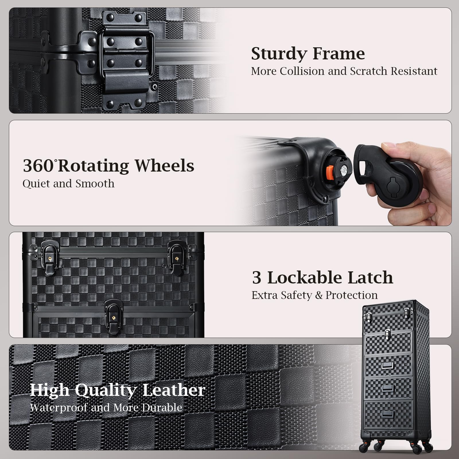 Stagiant valise professionnelle noire à damier, look élégant et protection fiable pour le matériel beauté.