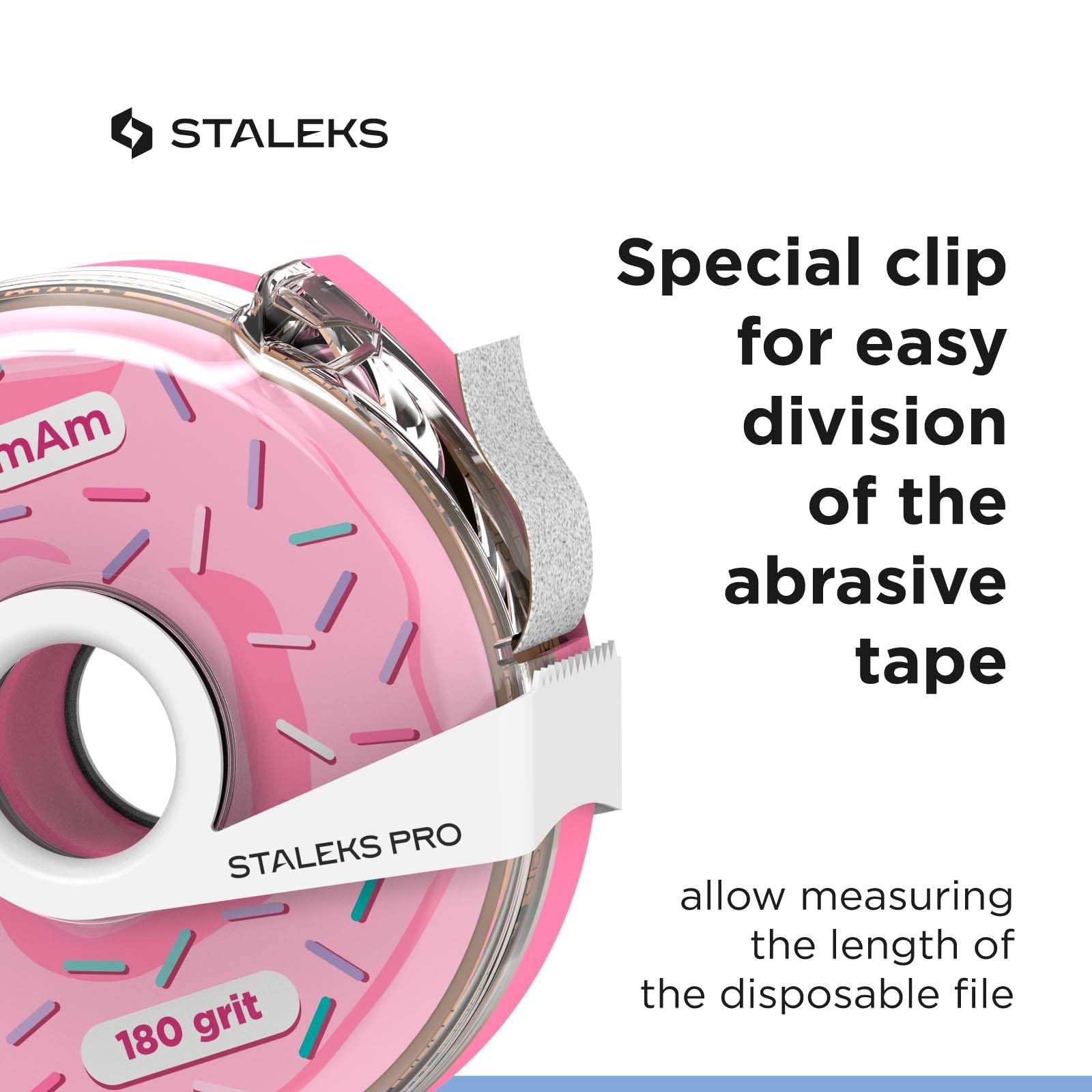 Staleks Pro étui plastique avec clip pratique pour compartimenter l’abrasif.