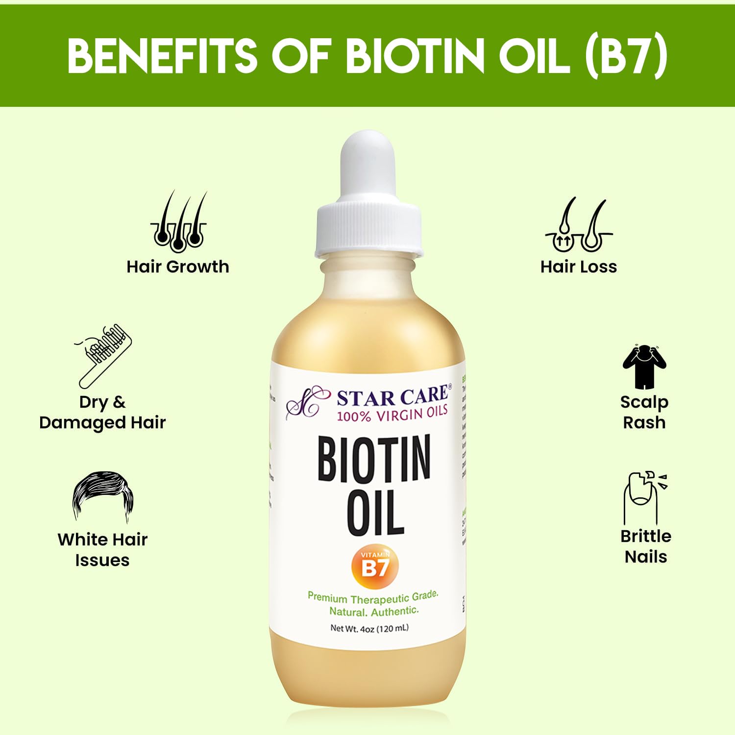 STAR CARE Huile Biotine pur — application sur le cuir chevelu pour nourrir sans obstruer les pores