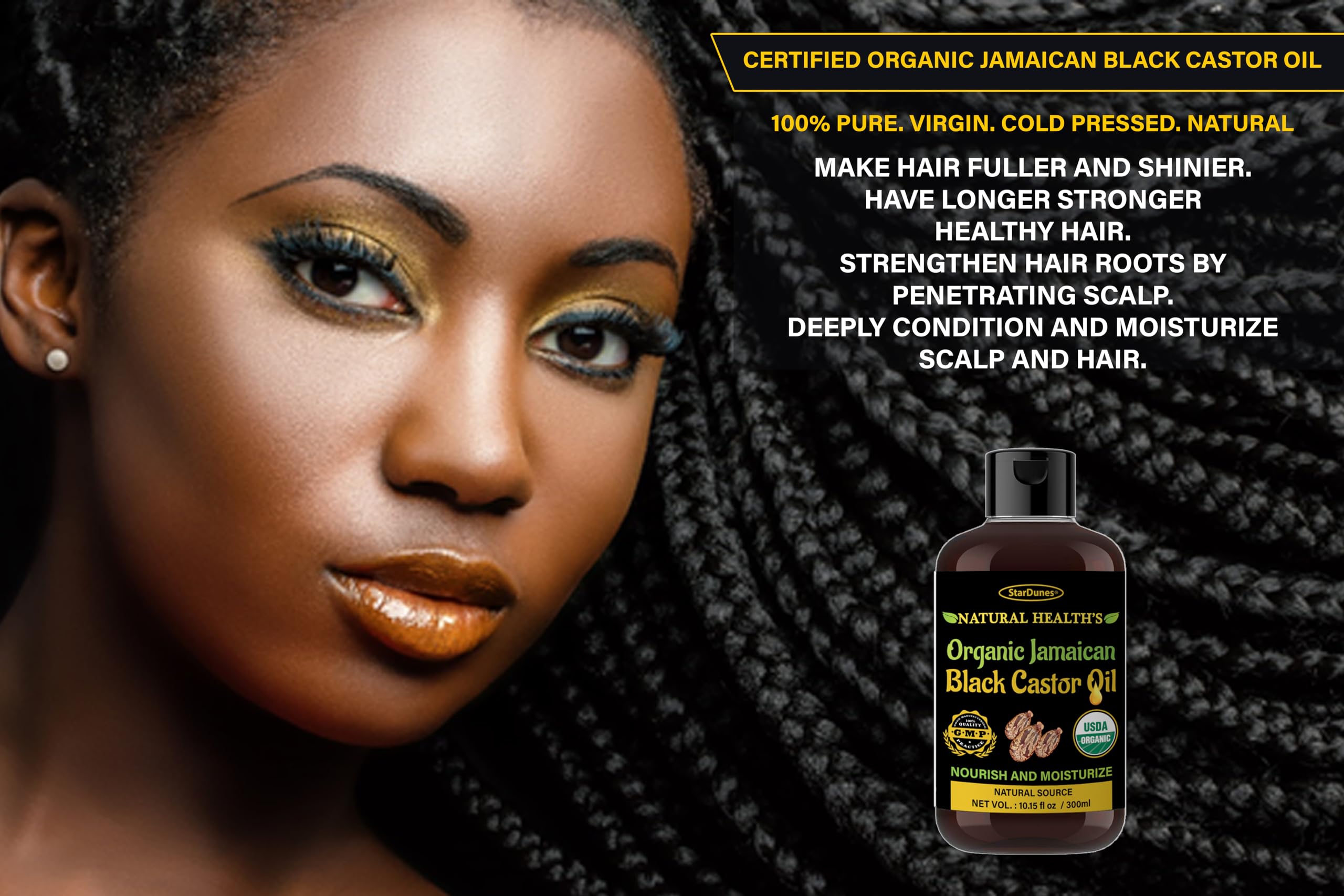 StarDunes Application Huile Noire Cheveux, cuir chevelu nourri et longueurs hydratées.