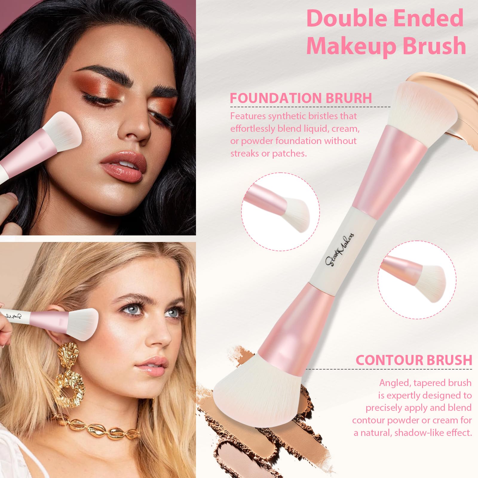 Pinceaux START MAKERS double-face rose, bronzer: contour modulable et éclat naturel.