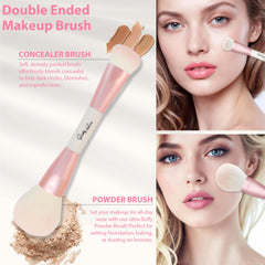 Pinceaux START MAKERS double-face rose, fard a joues: dépose légère et mélange homogène.