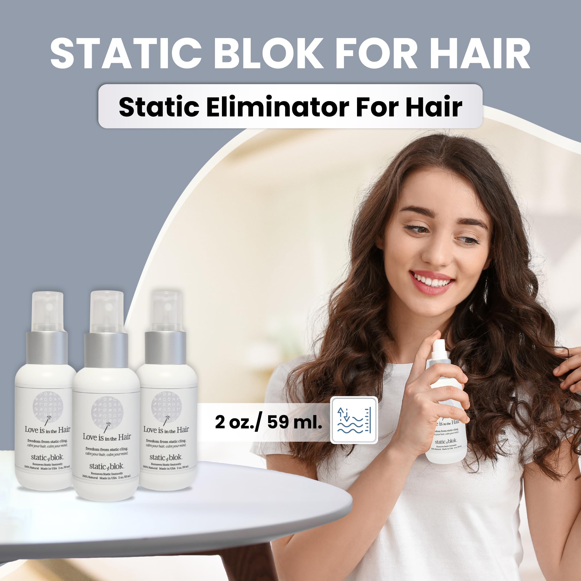 Static Blok: Brume anti-statique prête à l’emploi pour cheveux.