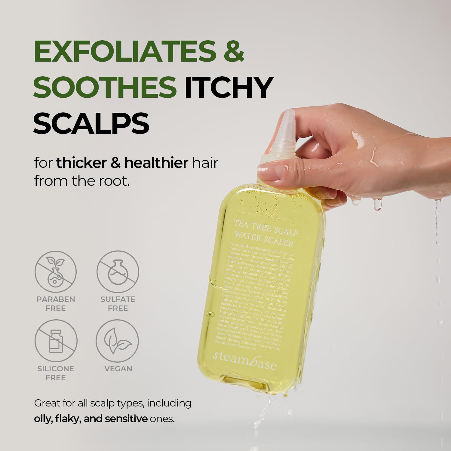 STEAMBASE Tea Tree Scalp Water Scaler, applicateur-cone facilitant l’application ciblée sur les racines.