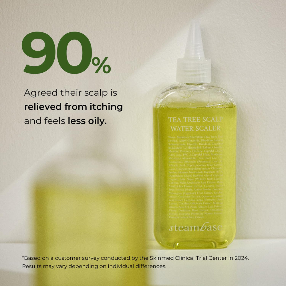 STEAMBASE Tea Tree Scalp Water Scaler, massage du cuir chevelu pour une sensation rafraîchissante et purifiante.