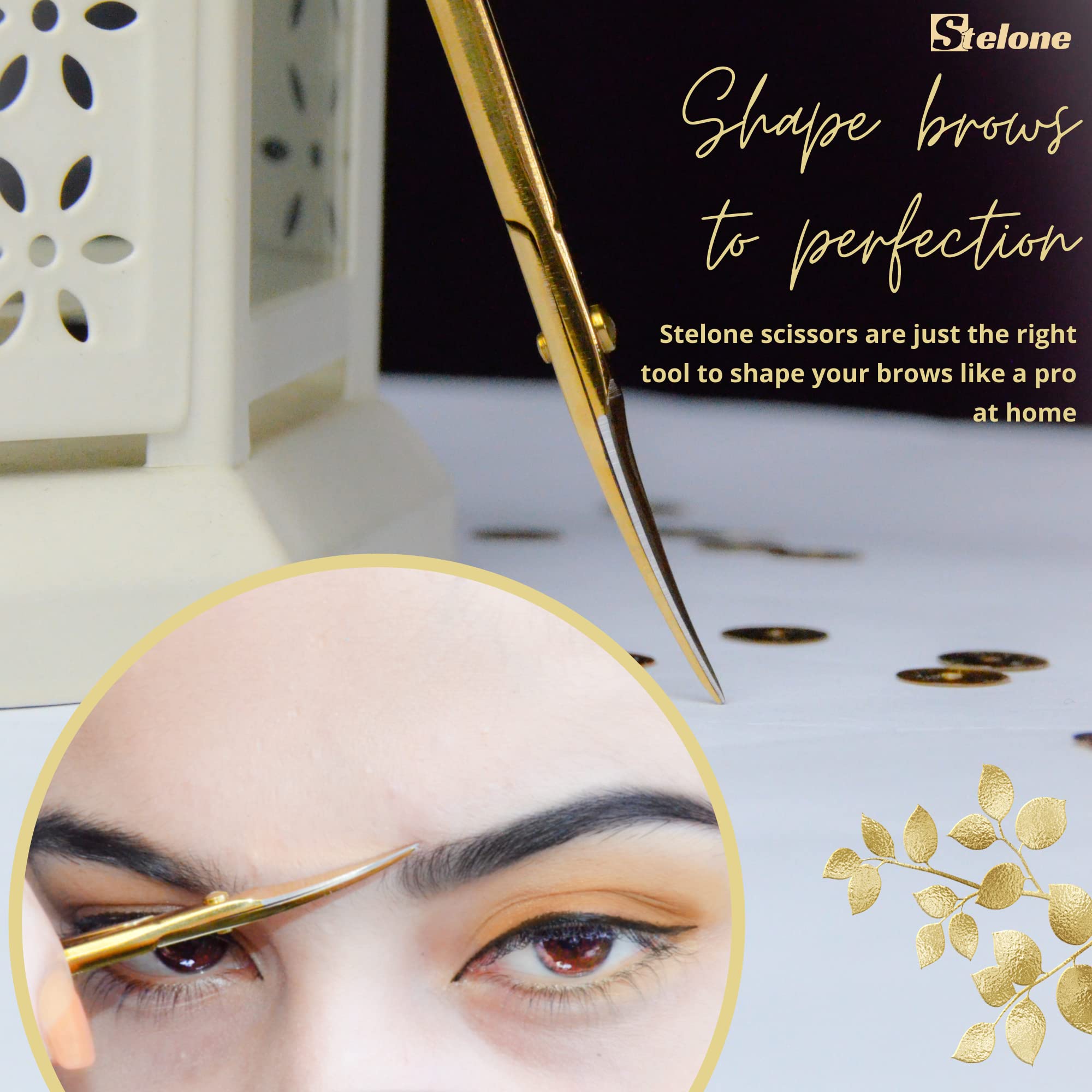 Ciseaux Stelone avec lames courbes pour tracer les contours naturels des sourcils.