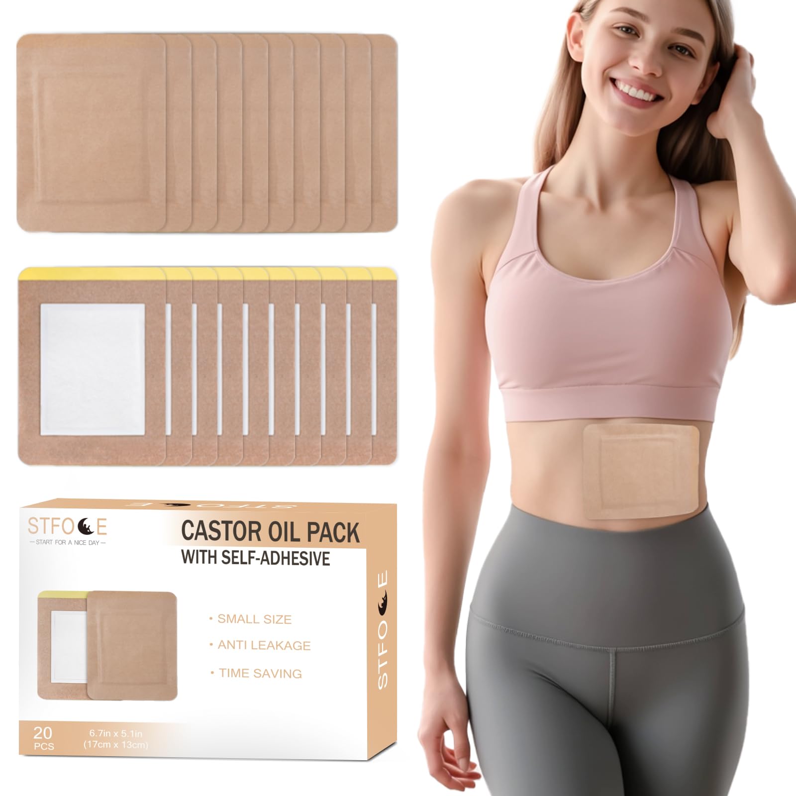 STFOCE huile ricin pack wrap adhésif posé sur l’abdomen, confort et sécurité assurés.
