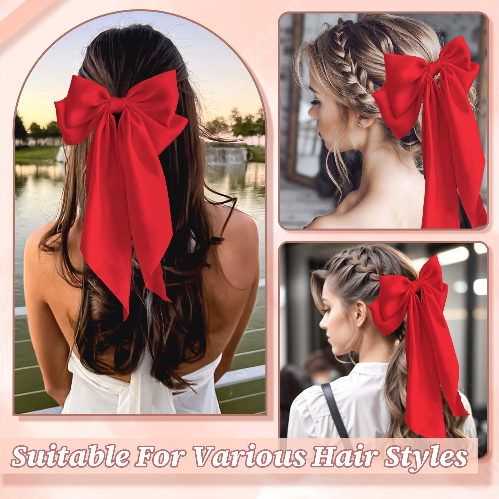 STGDAK Barrette Noeud rouge satin, parfait pour queue de cheval.