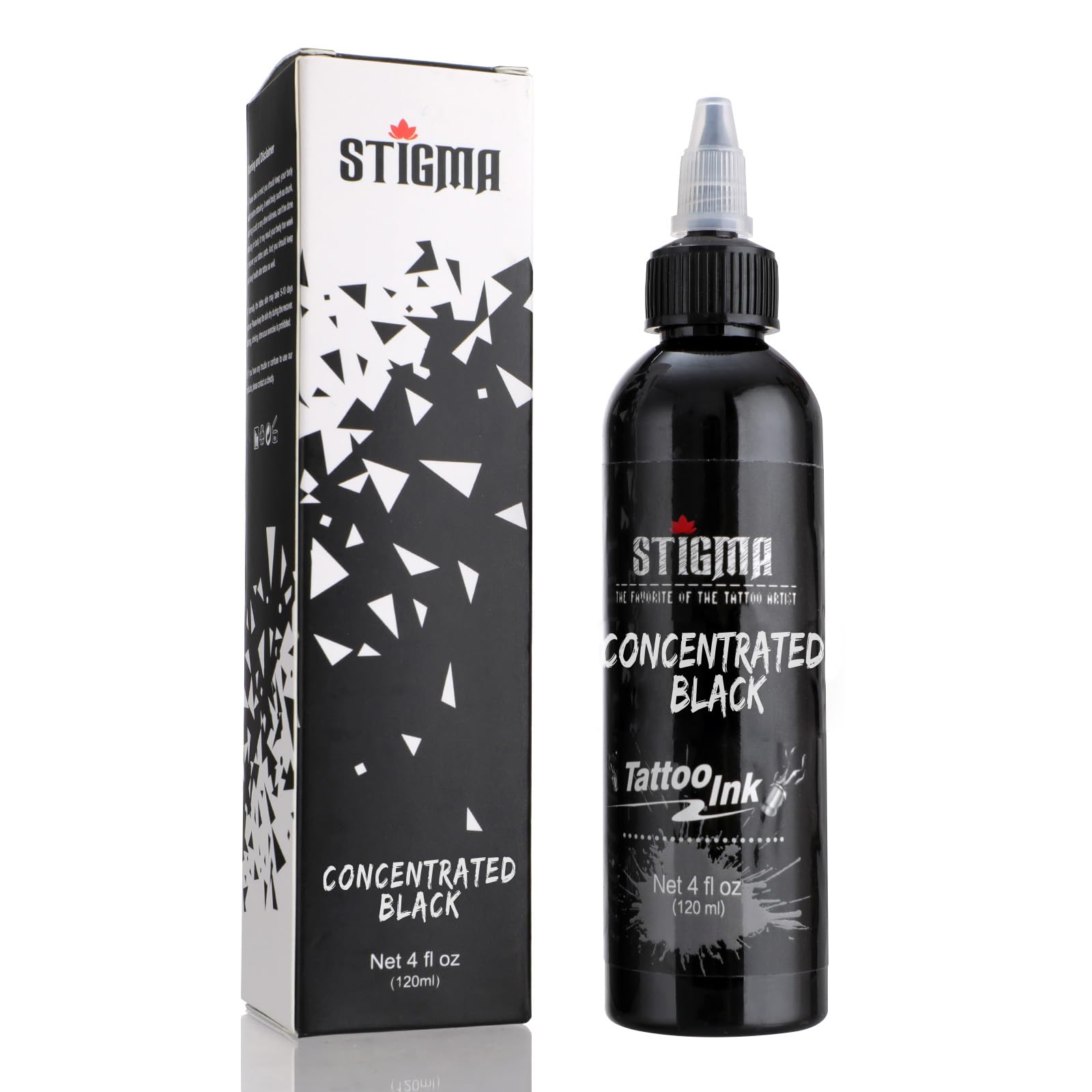 STIGMA encre tatouage noir 120ml - bouteille vue avant, contours nets et précis.