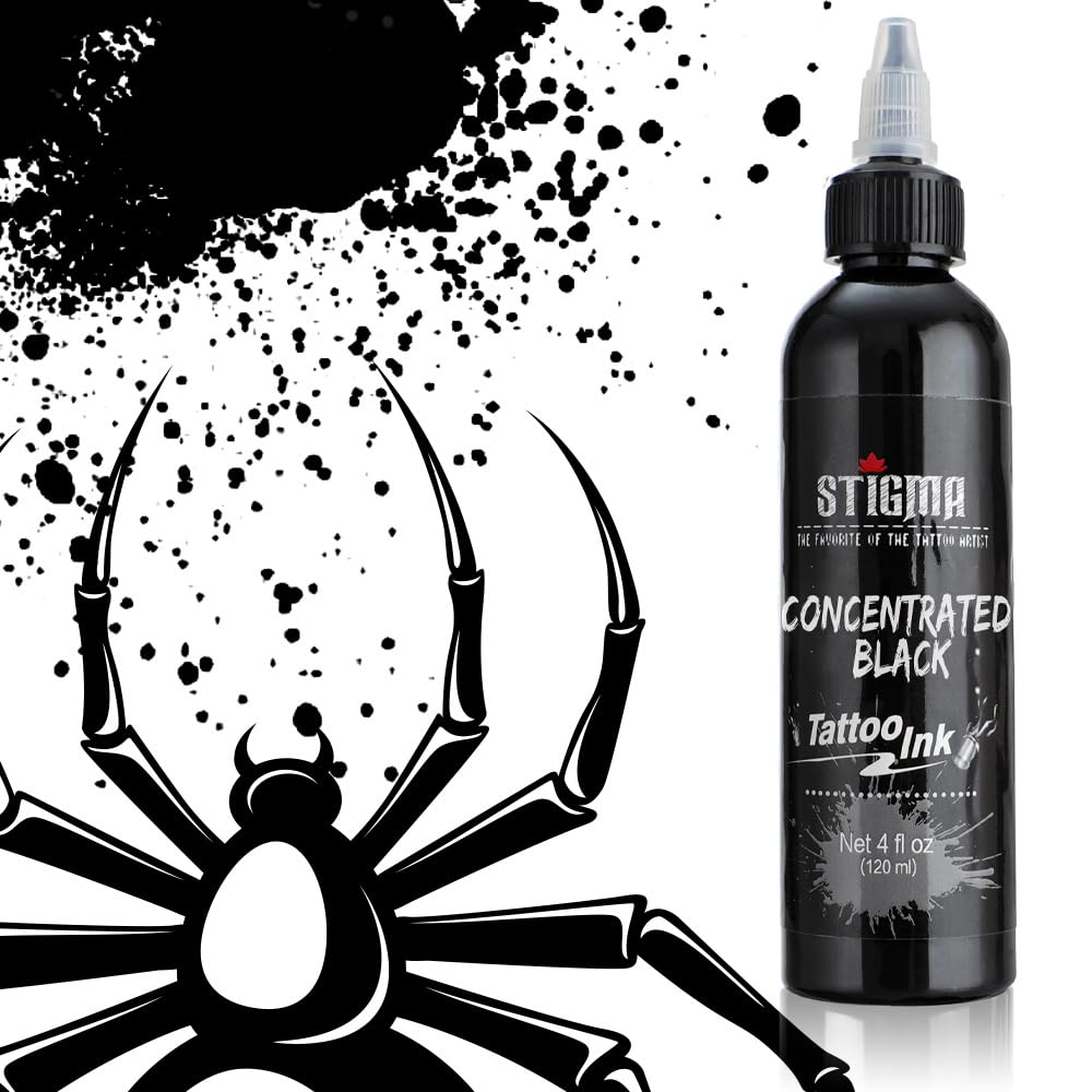 STIGMA encre tatouage noir 120ml - étiquette et emballage garantissant la qualité.