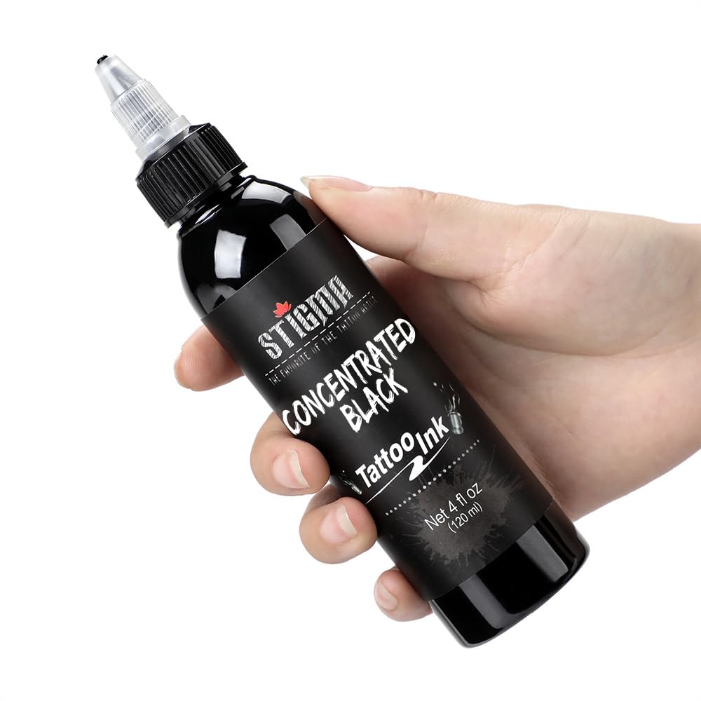 STIGMA encre tatouage noir 120ml - utilisation professionnelle en studio avec performance fiable.