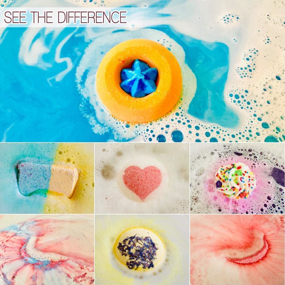 STNTUS INNOVATIONS pink-heart bath bomb creates playful color while softening skin.