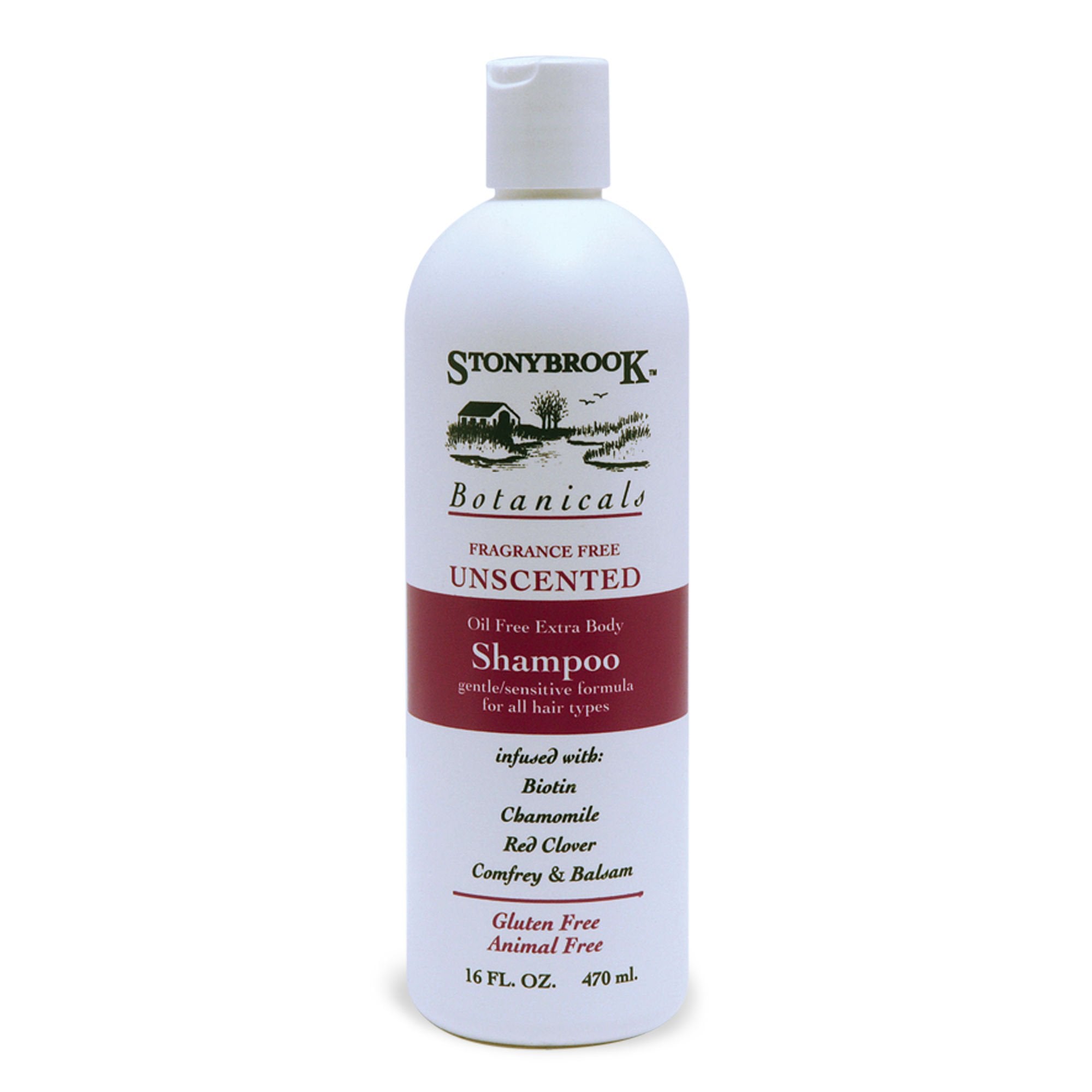 Étiquette du shampoing sans parfum Stoney Brook, emballage clair pour routine capillaire sensible.
