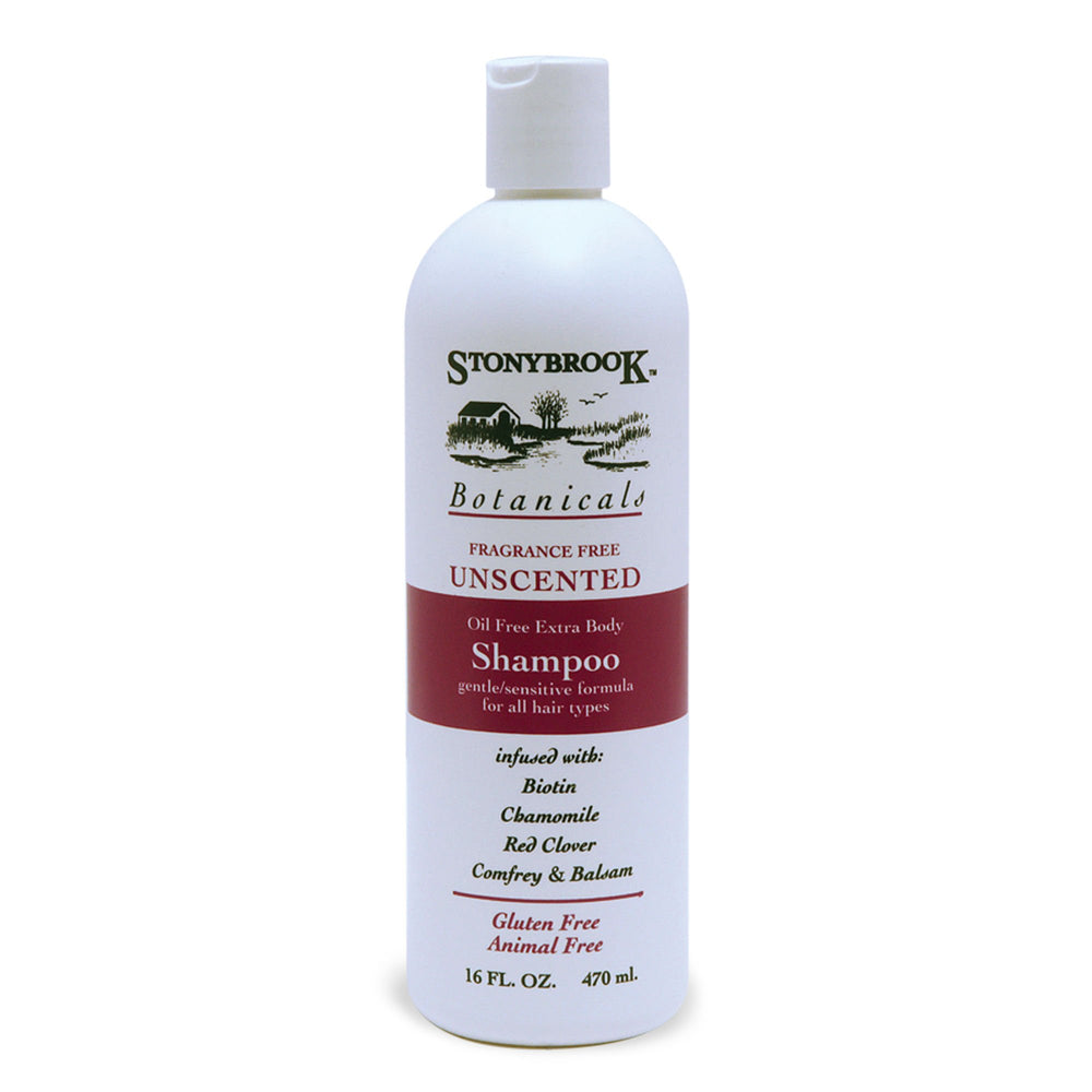 Étiquette du shampoing sans parfum Stoney Brook, emballage clair pour routine capillaire sensible.