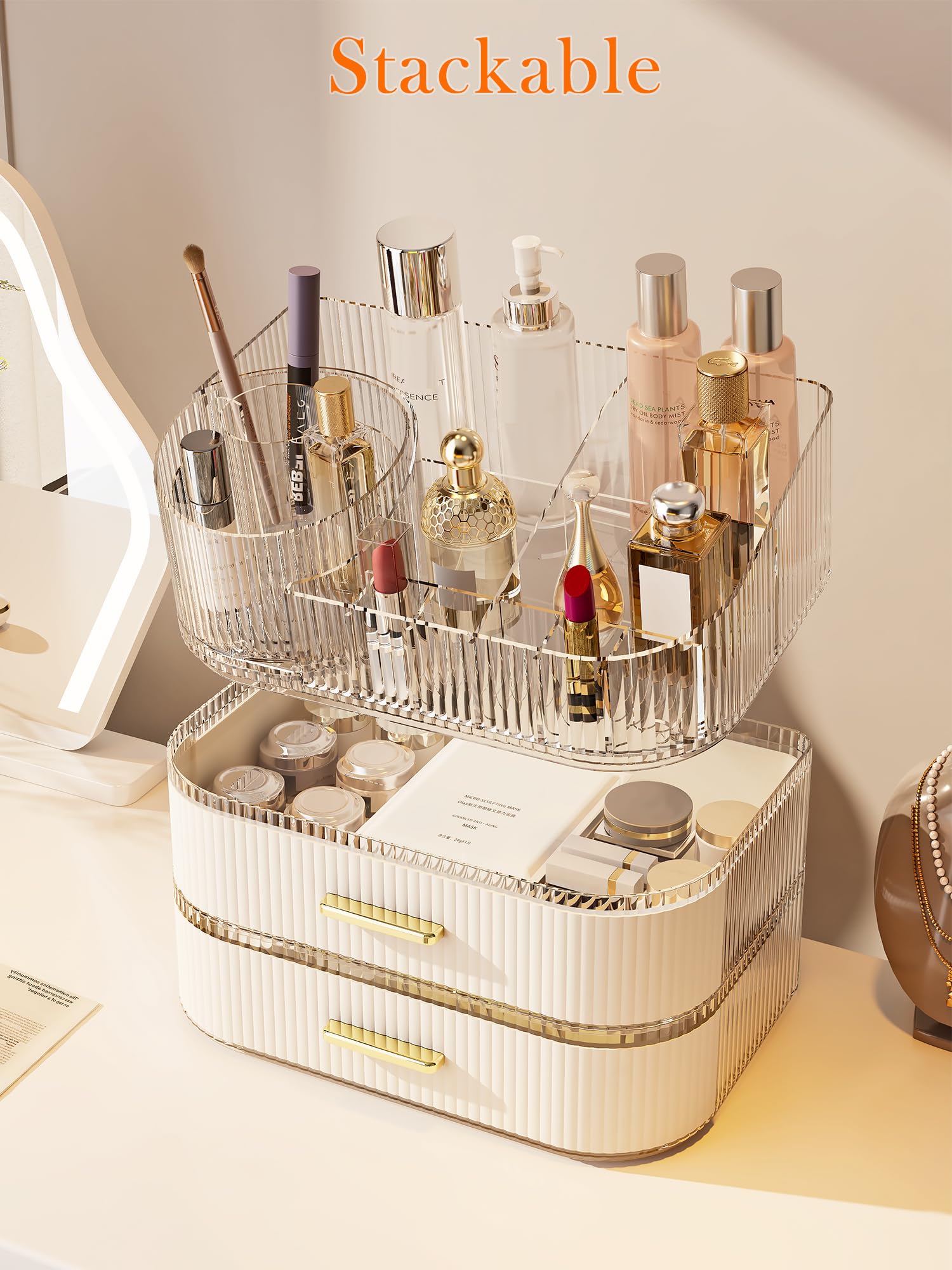 STORICANS Grand espace rangement pour brosses, cosmétiques et soins du visage.