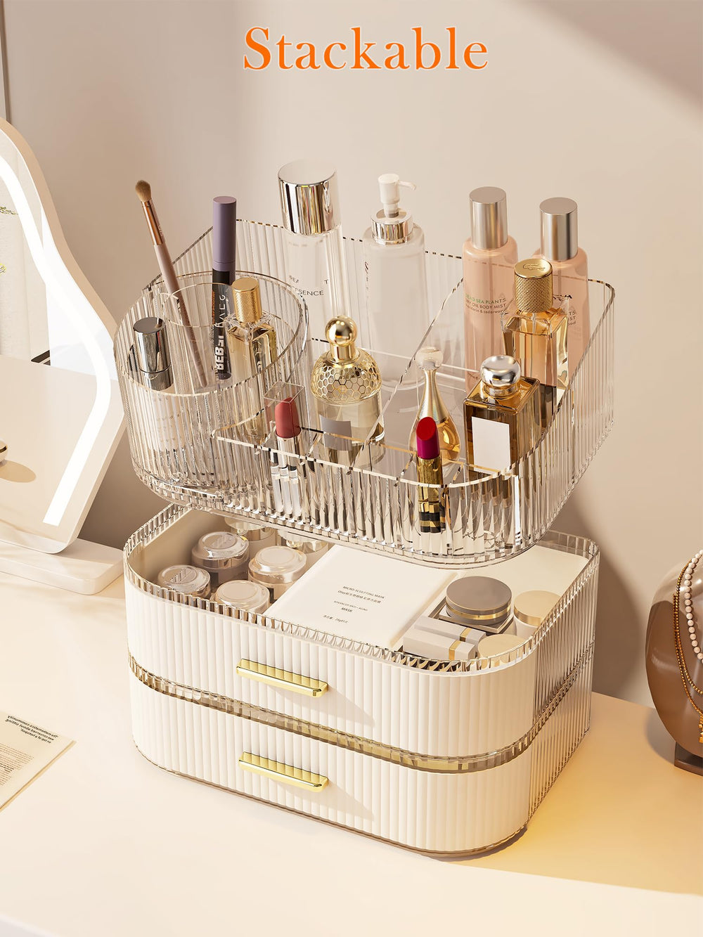 STORICANS Grand espace rangement pour brosses, cosmétiques et soins du visage.