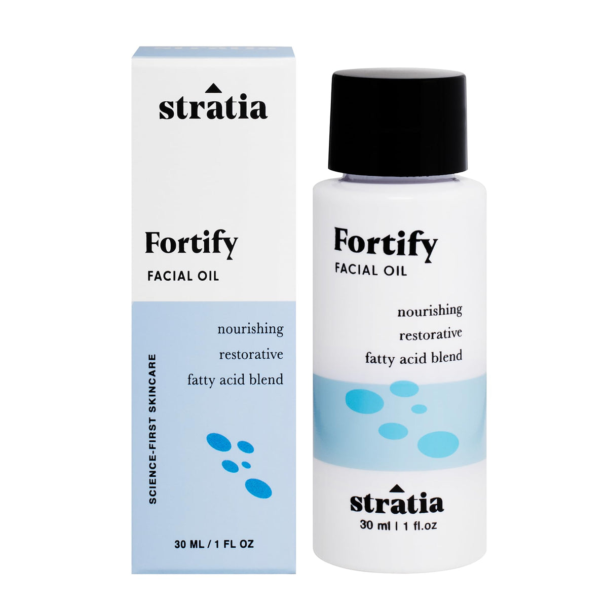 Stratia Fortify huile visage, bouteille, hydratation durable sans gras.