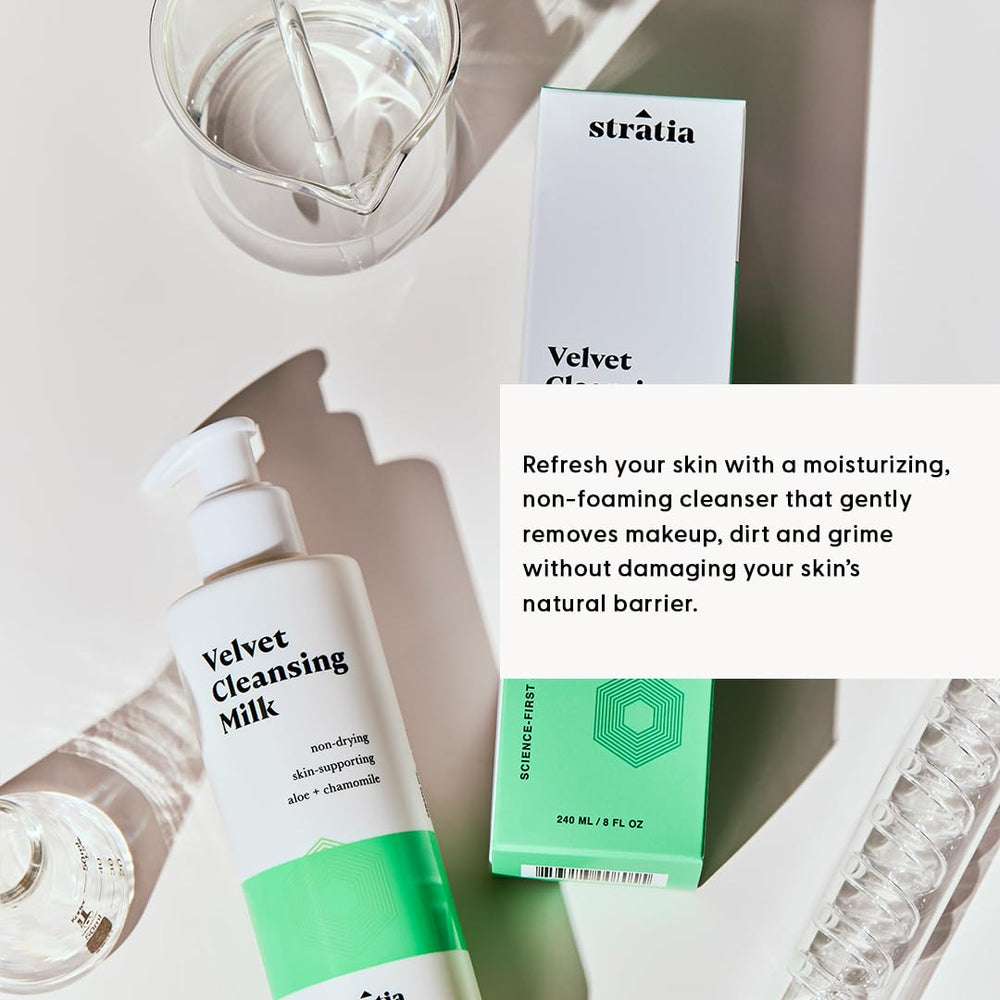 Rinage à l eau tiède Stratia Velvet Cleansing Milk, respect du film hydratant