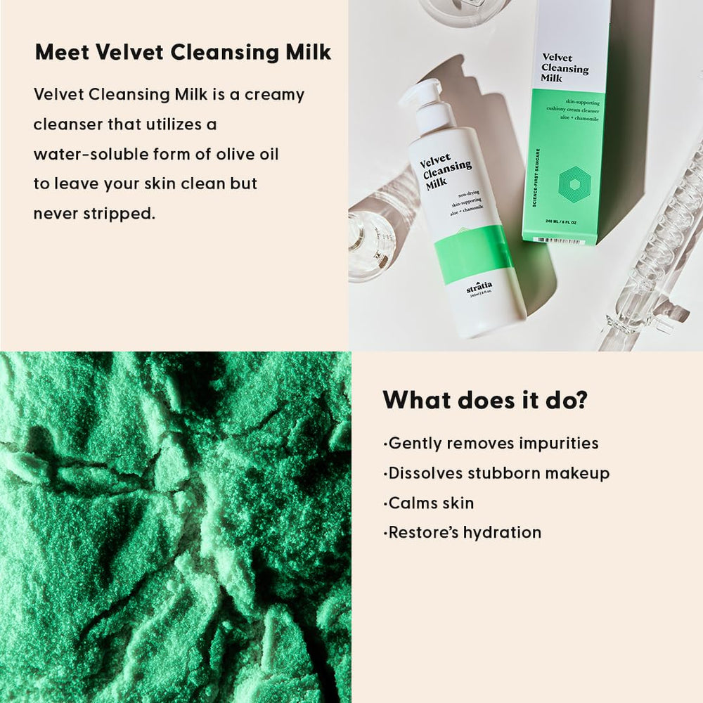 Texture crème Veloutée Stratia Velvet Cleansing Milk prête pour le massage du visage