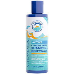 Stream2Sea: bouteille shampooing et etiquette, présentation claire du soin durable
