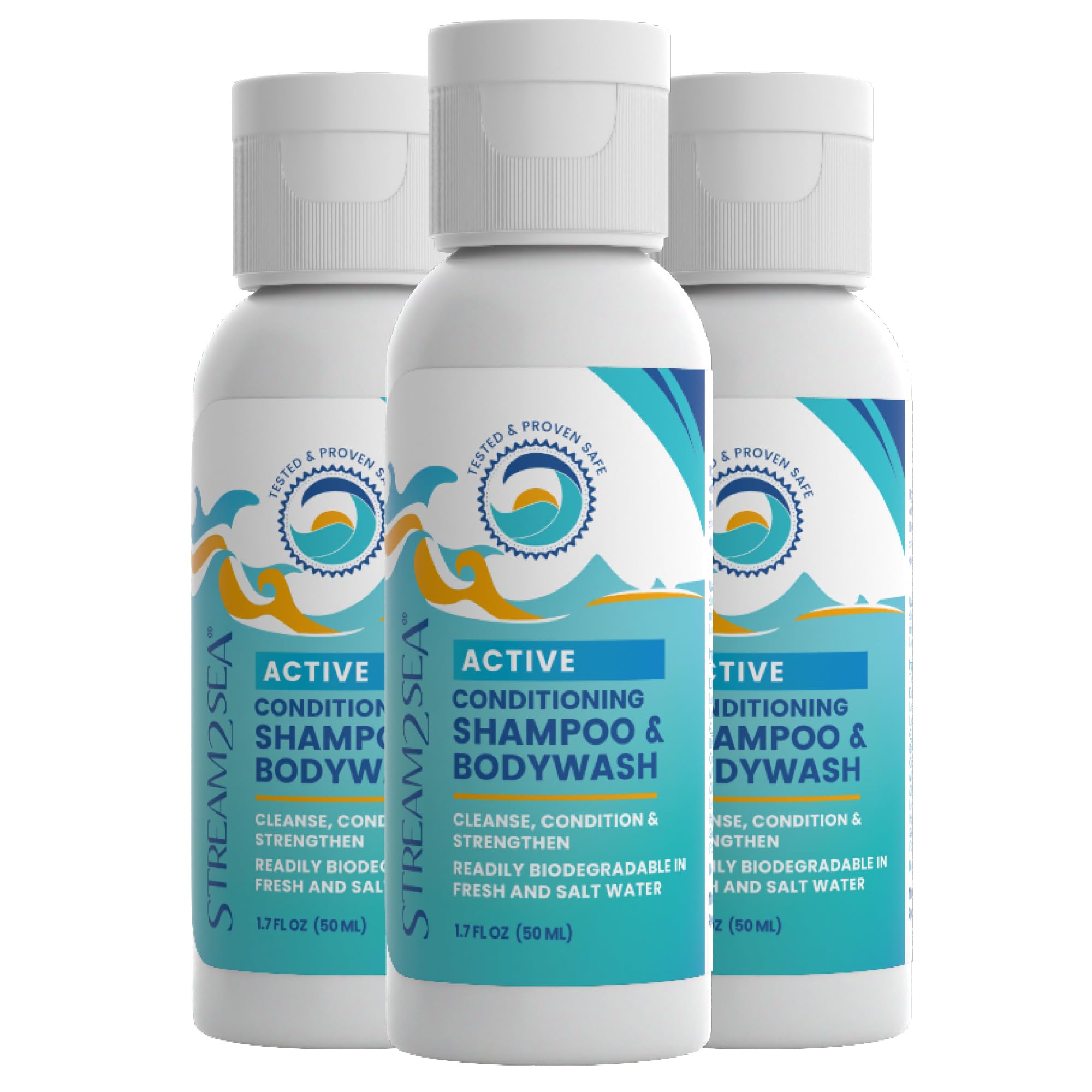 Stream2Sea triple-care swimmers shampoo bottle closeup highlighting travel-friendly reef-safe formula.