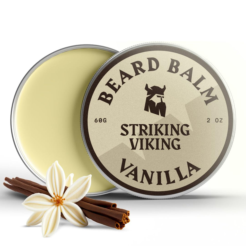 Baume barbe Striking Viking vanille dans sa boite 2 onces prête pour le voyage