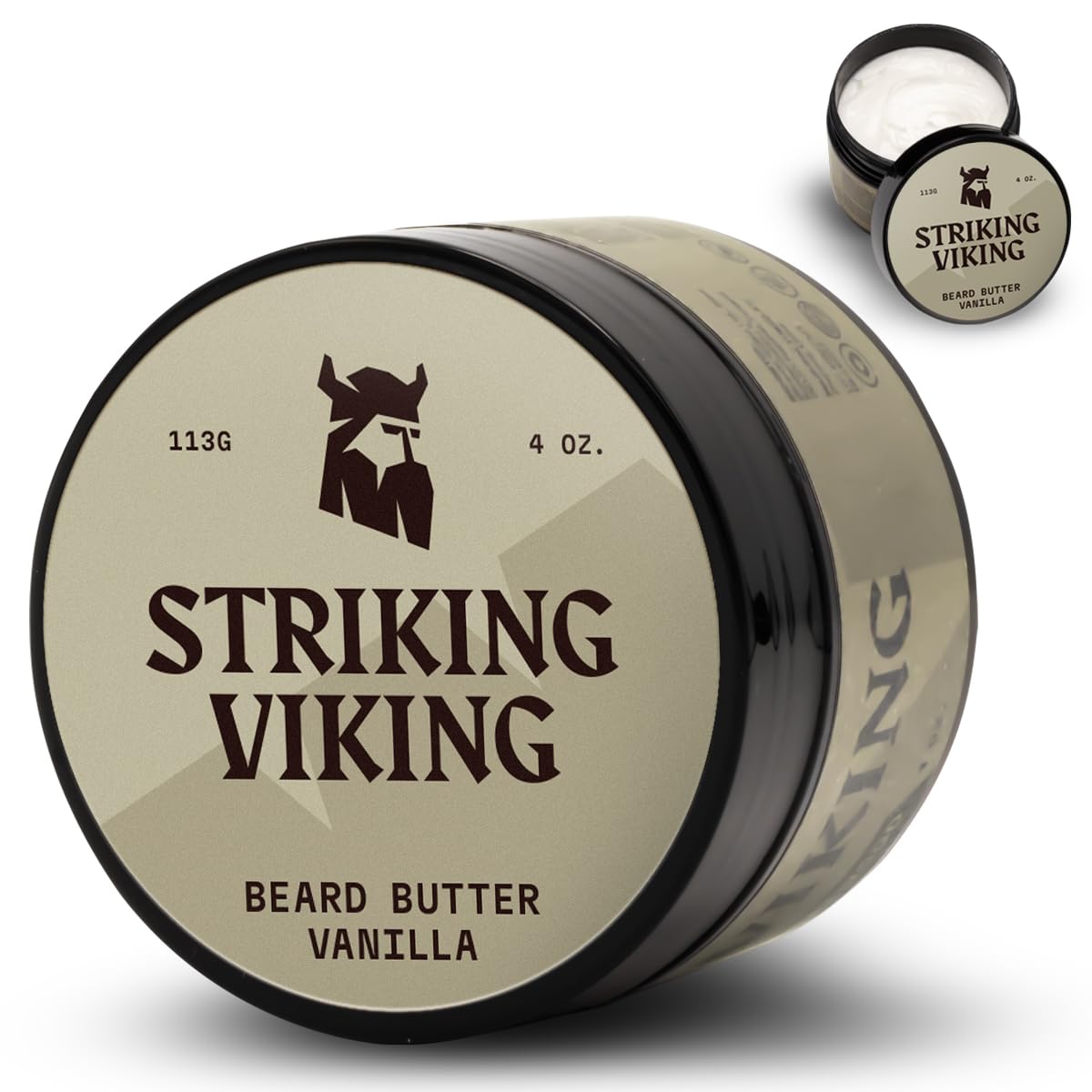 Beurre-barbe Striking Viking Vanille, bocal visible hydrate sans graisse.