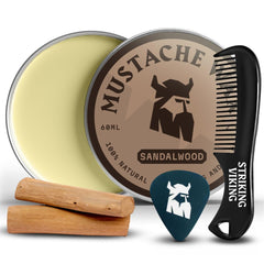 Cire moustache Striking Viking au santal, tenue durable sans gras toute la journée.