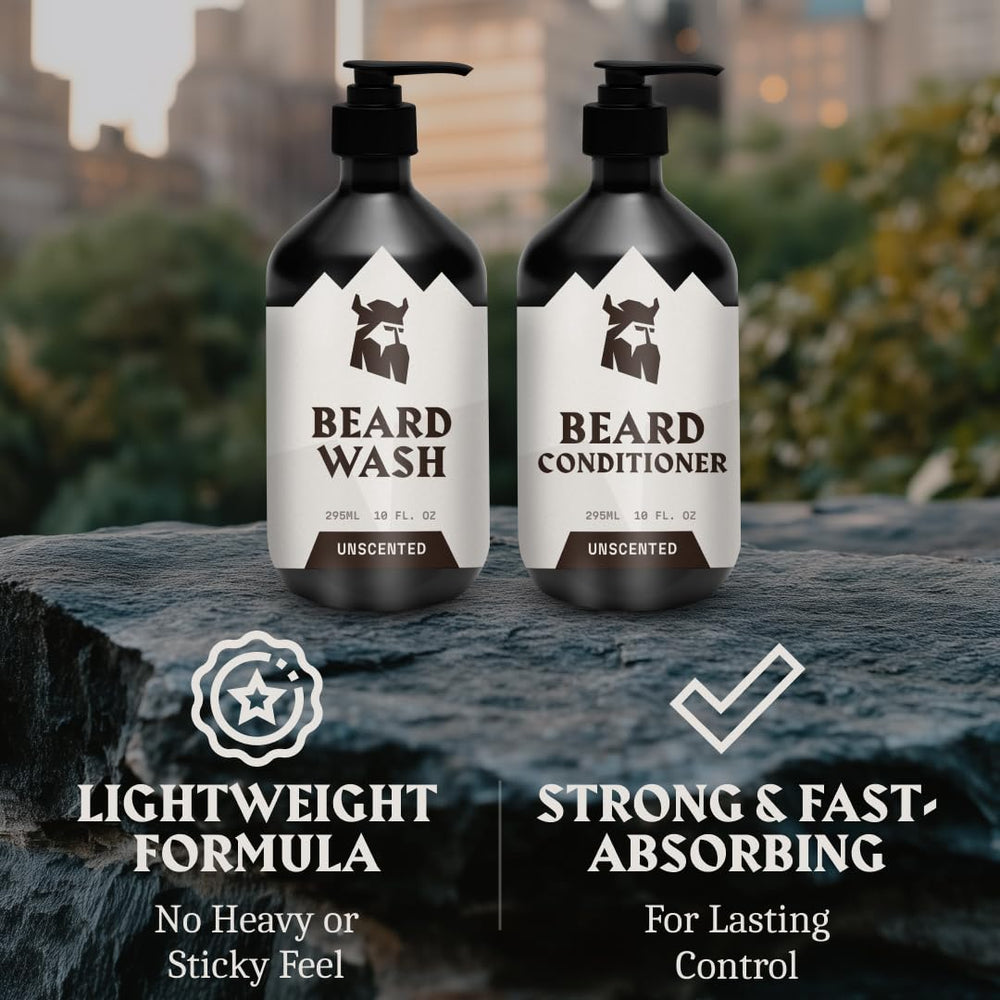Le conditionneur barbe inodore Striking Viking en bouteille offre hydratation et douceur sans parfum.