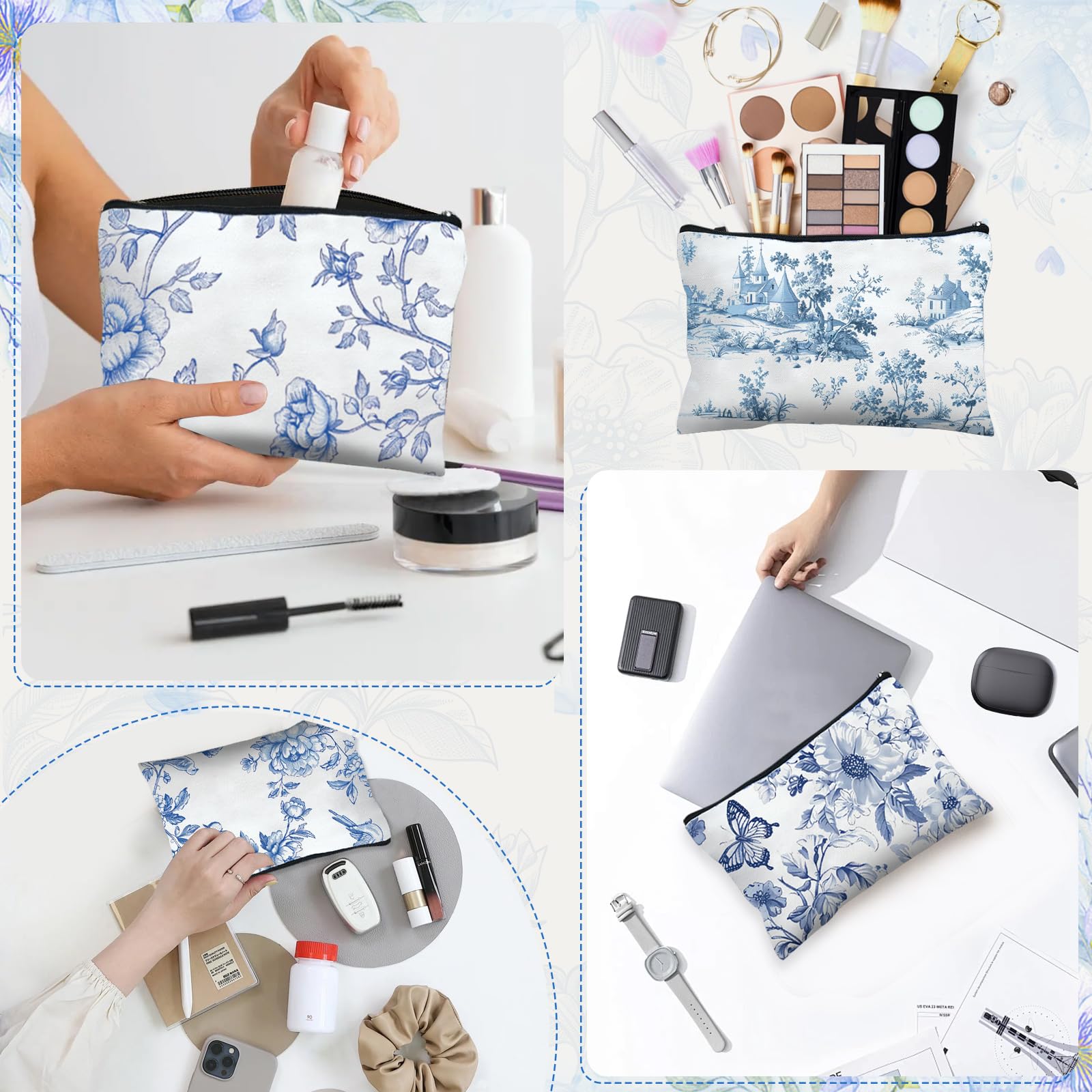 Etui maquillage Stuffygreenus coton fleurs bleues, léger et durable pour vos essentiels