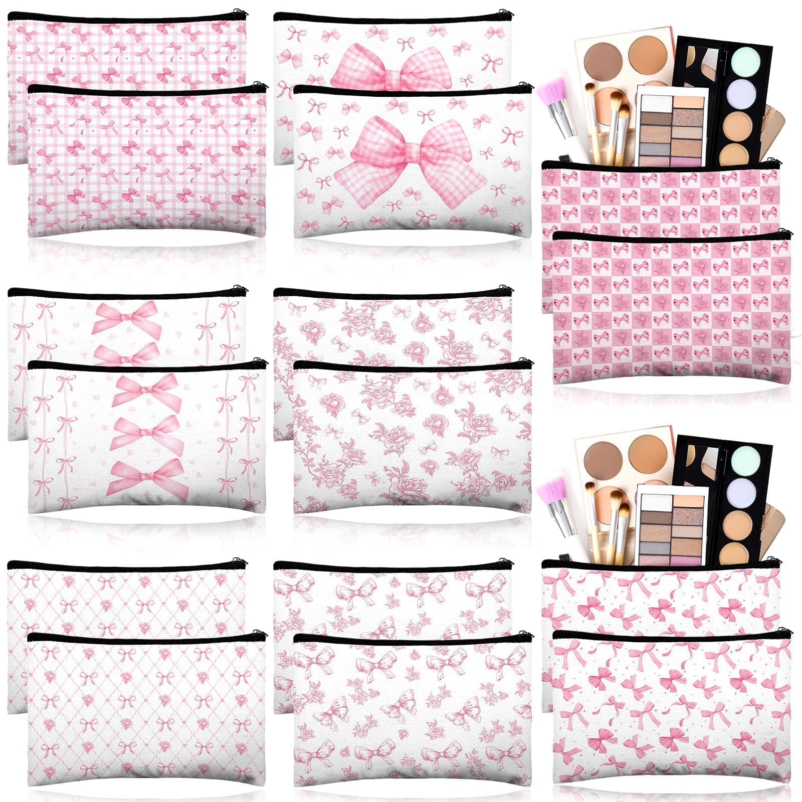 Pochette maquillage Stuffygreenus avec noeud rose, idéale pour vos essentiels.