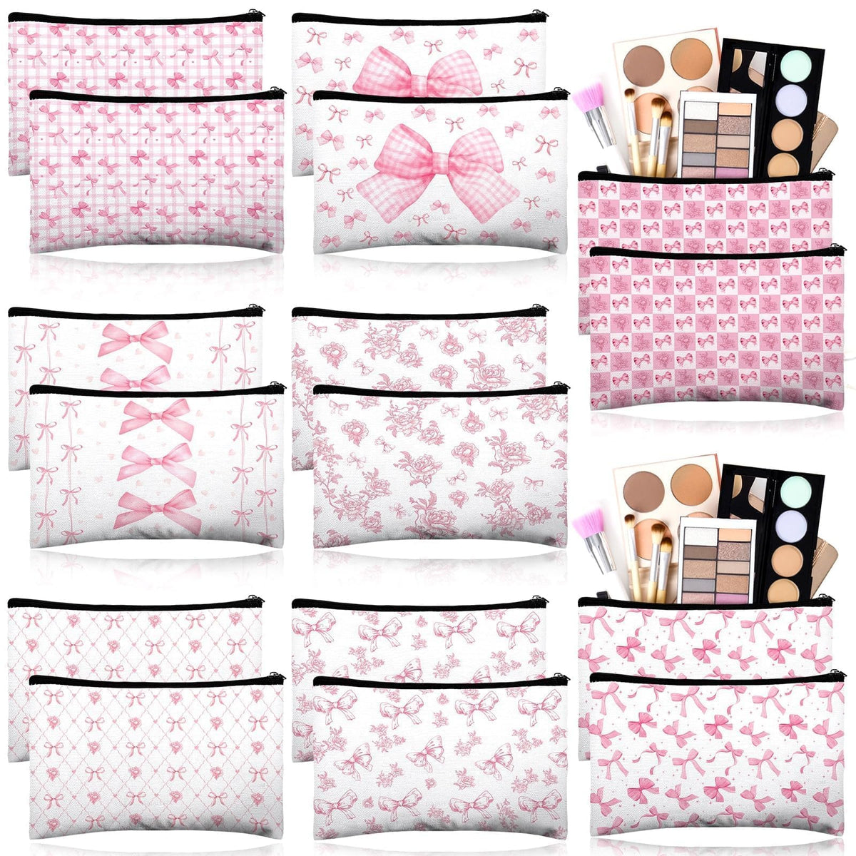Pochette maquillage Stuffygreenus avec noeud rose, idéale pour vos essentiels.