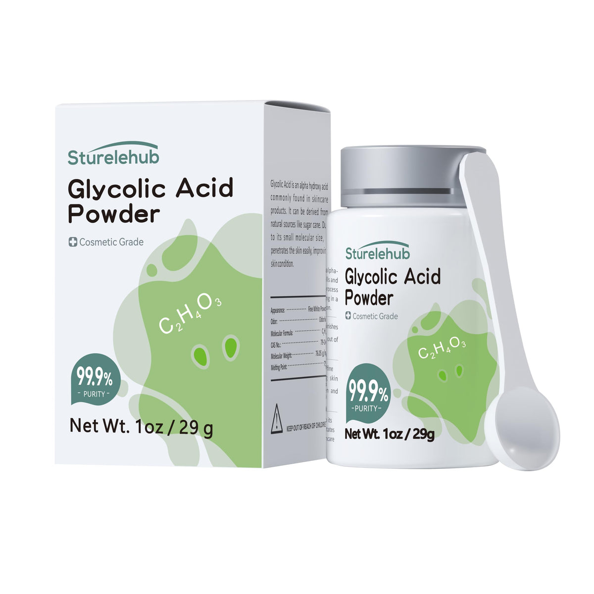 Sturelehub Poudre d'acide glycolique, flacon prêt à doser pour soins faits maison.