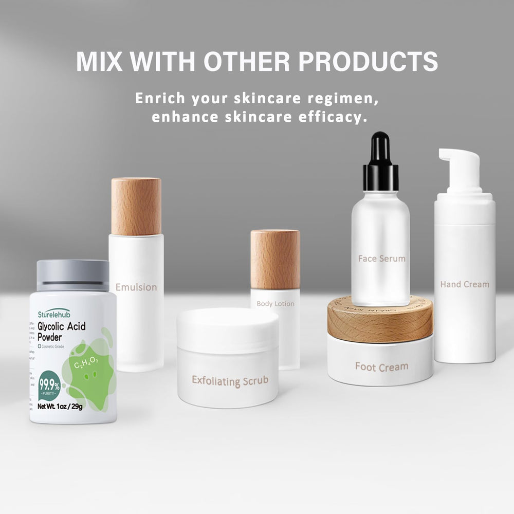 Sturelehub Poudre d'acide glycolique, emballage sécurisé prêt à être utilisé.