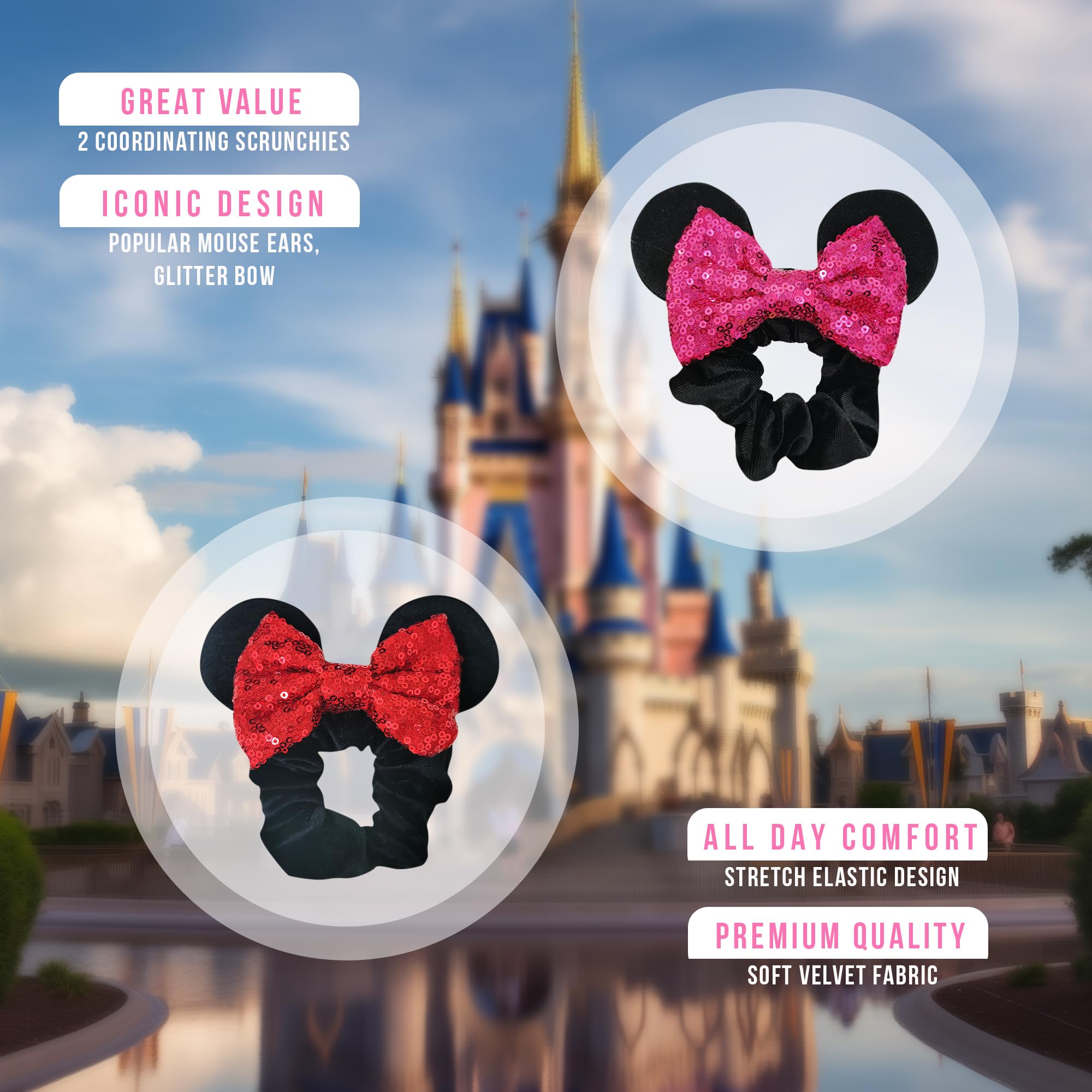 Styla Hair scrunchies velours rose, nœud pailleté, look chic et ludique.