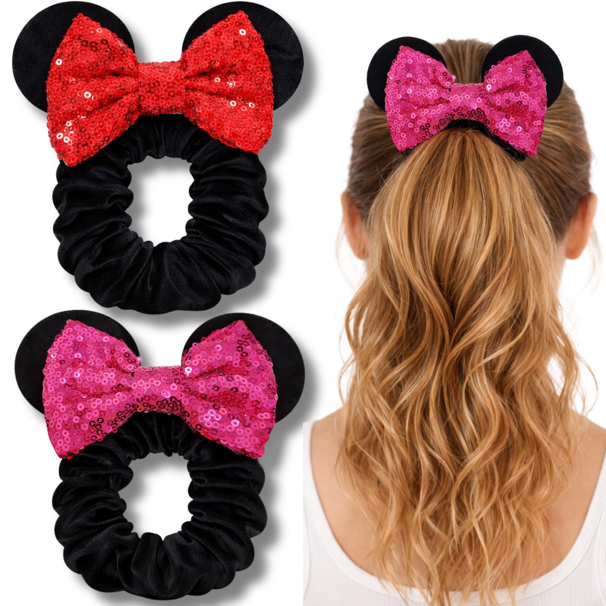 Styla Hair scrunchies oreille souris rose et rouge, parfaits pour queues de cheval festives.