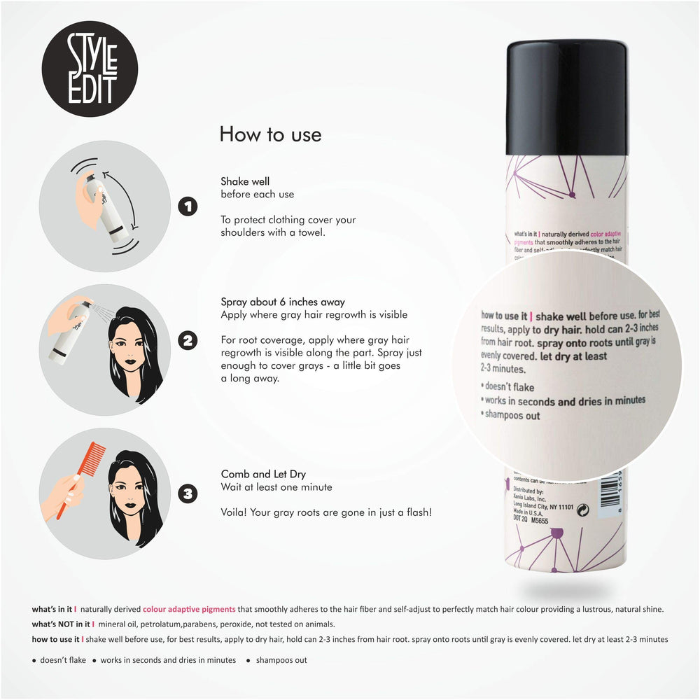 STYLE EDIT Flacon spray couverture racines brun foncé pour un rendu naturel.