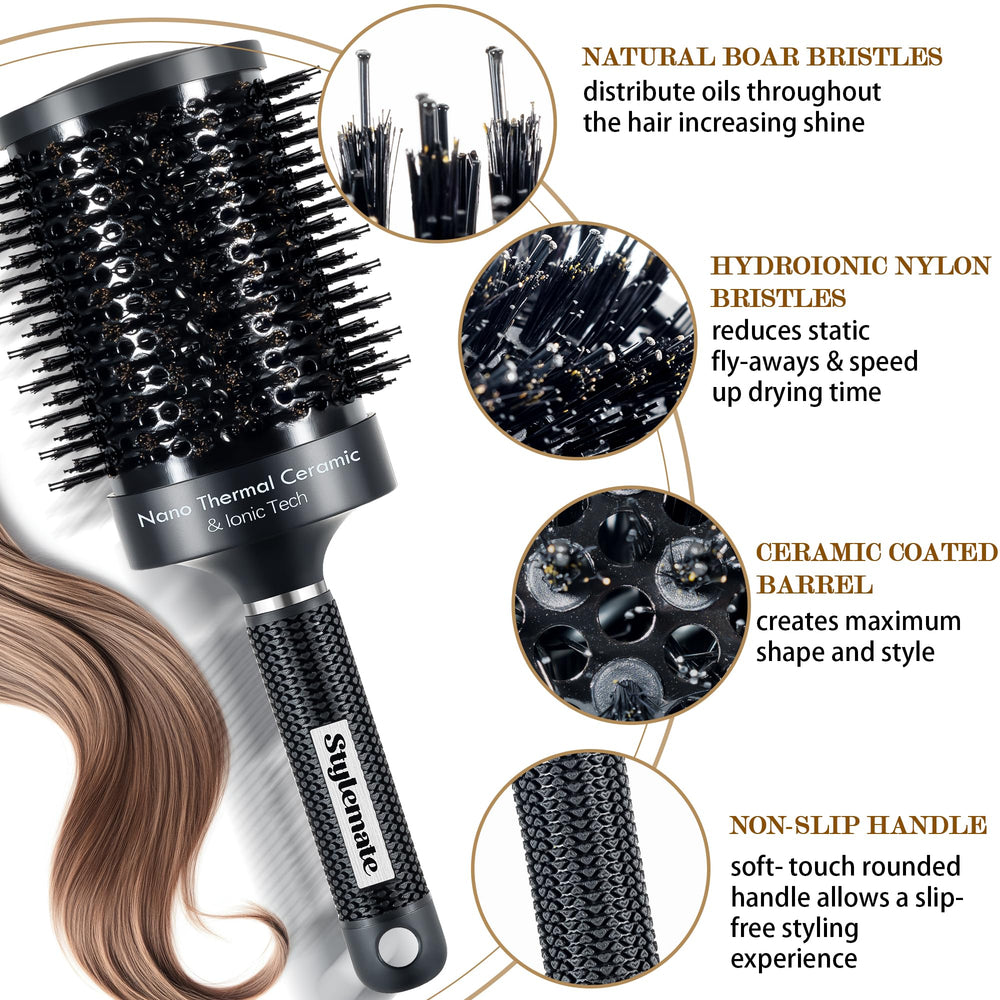 STYLEMATE brosse ronde avec poils de sanglier et nylon pour brillance naturelle.