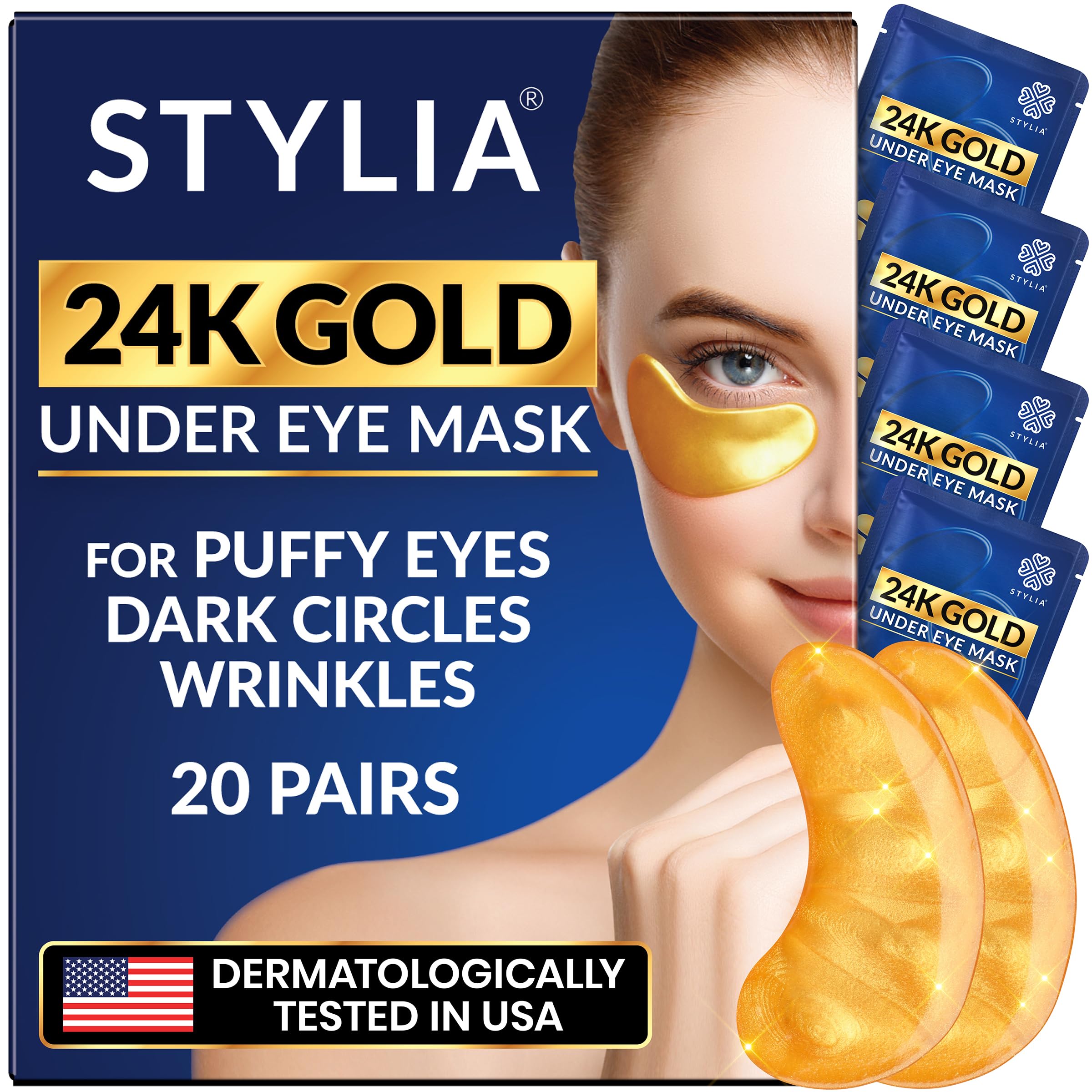 Masque yeux Stylia 24k or en action pour hydratation immédiate.