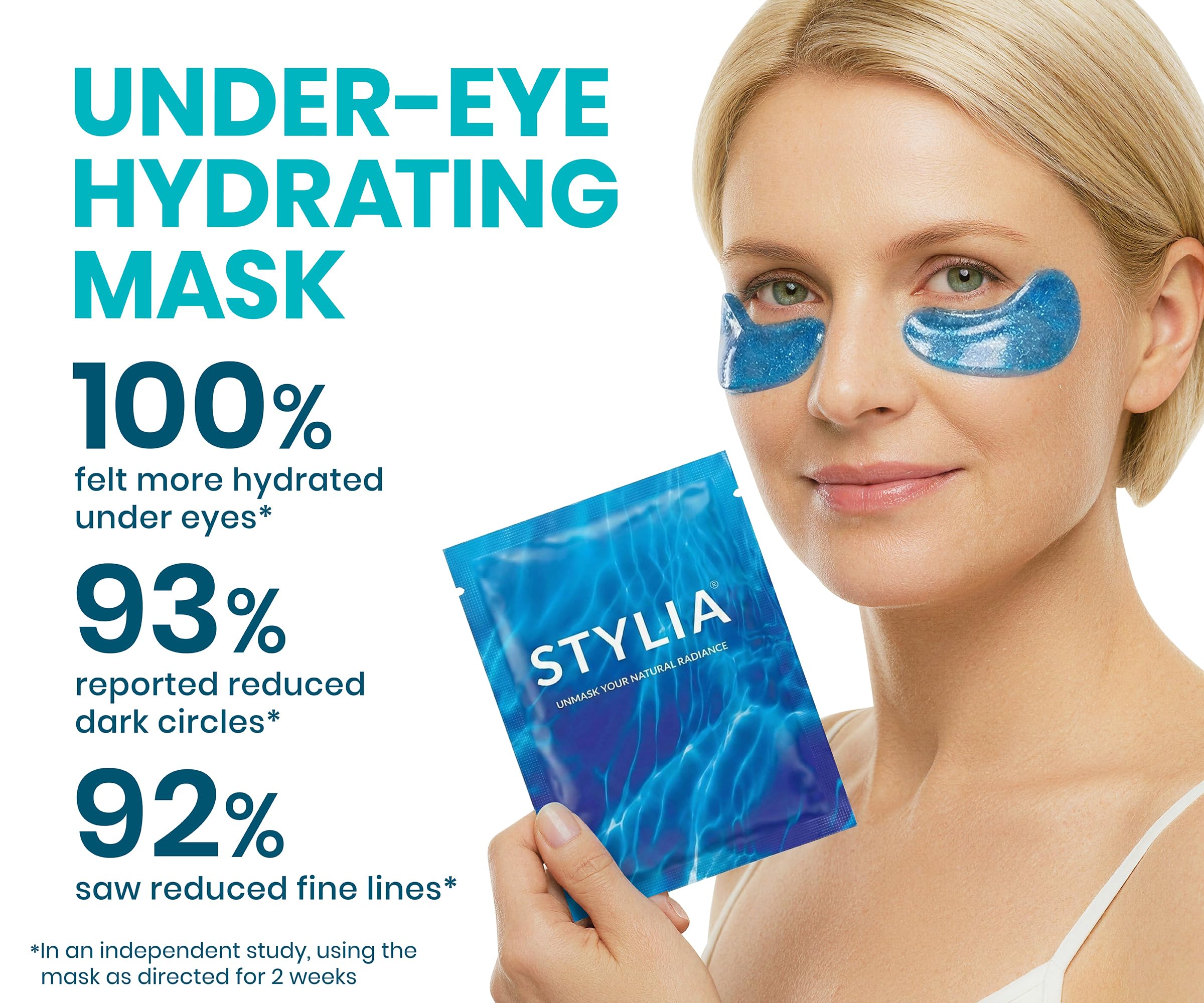 Patchs Stylia sous les yeux avec hyaluronique pour une hydratation durable.