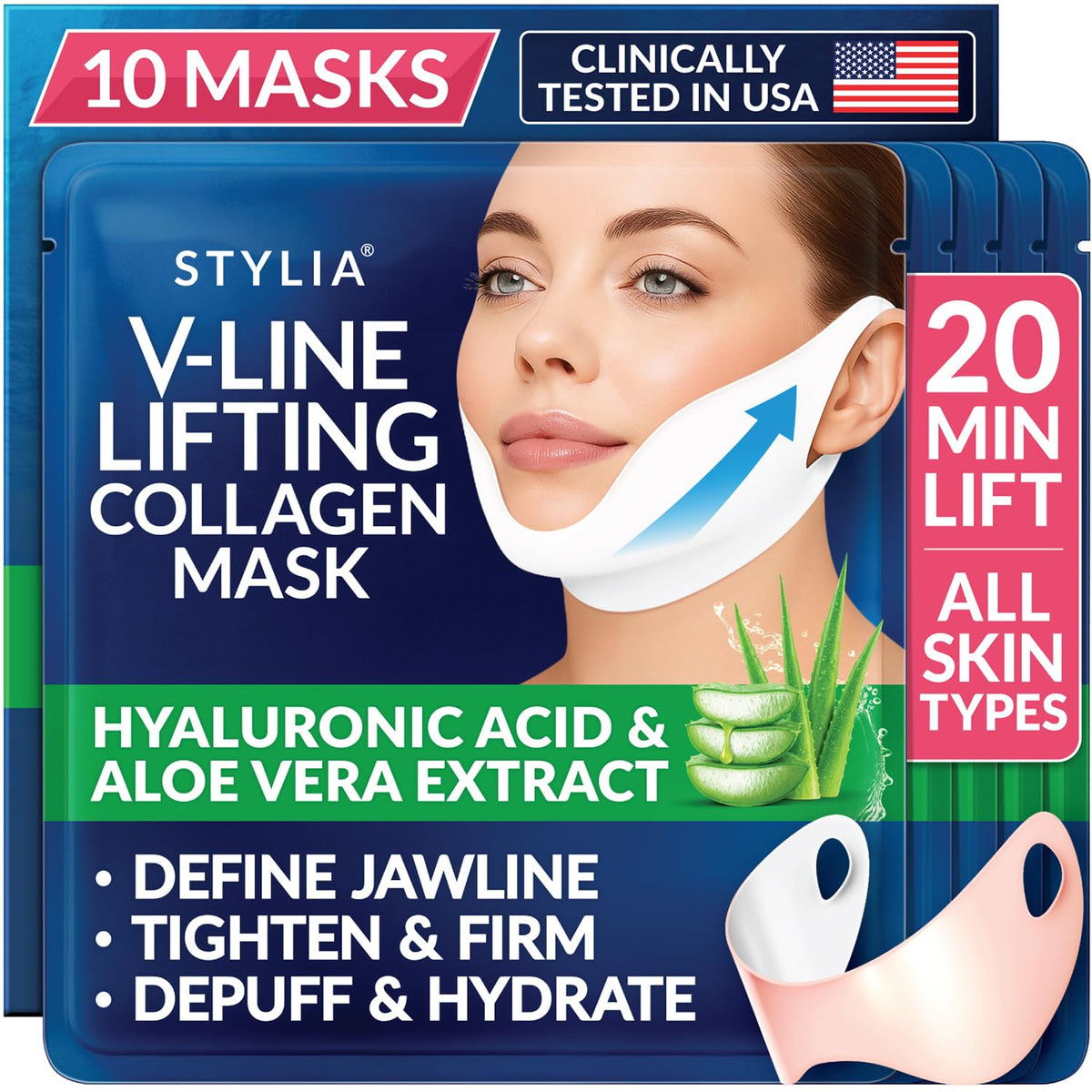 Stylia V Line: emballage du masque au collagène prêt à l’application sur le contour de la mâchoire.