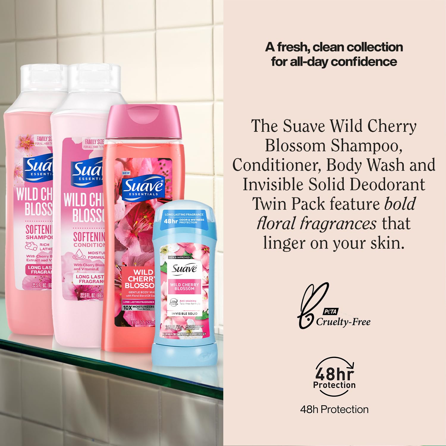 Après-shampooing Suave, bouteille hydratante, démêle facilement et rend les cheveux doux.