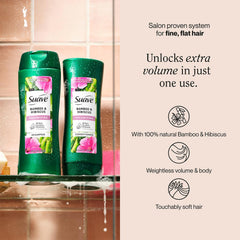 Après-shampoing Suave Bamboo & Hibiscus, flacon élégant, cheveux plus doux.