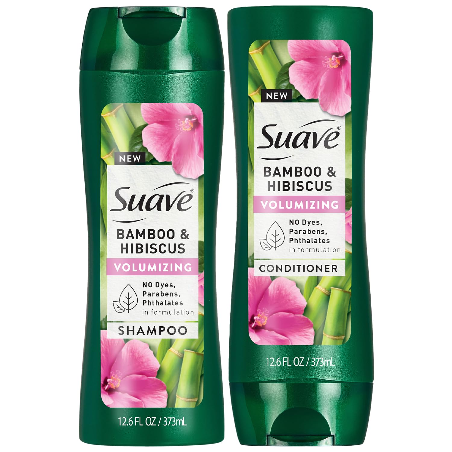 Shampoing Suave Bamboo & Hibiscus, bouteille lumineuse, volume instantané.