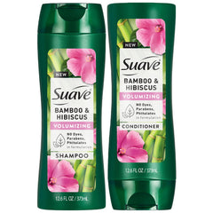 Shampoing Suave Bamboo & Hibiscus, bouteille lumineuse, volume instantané.